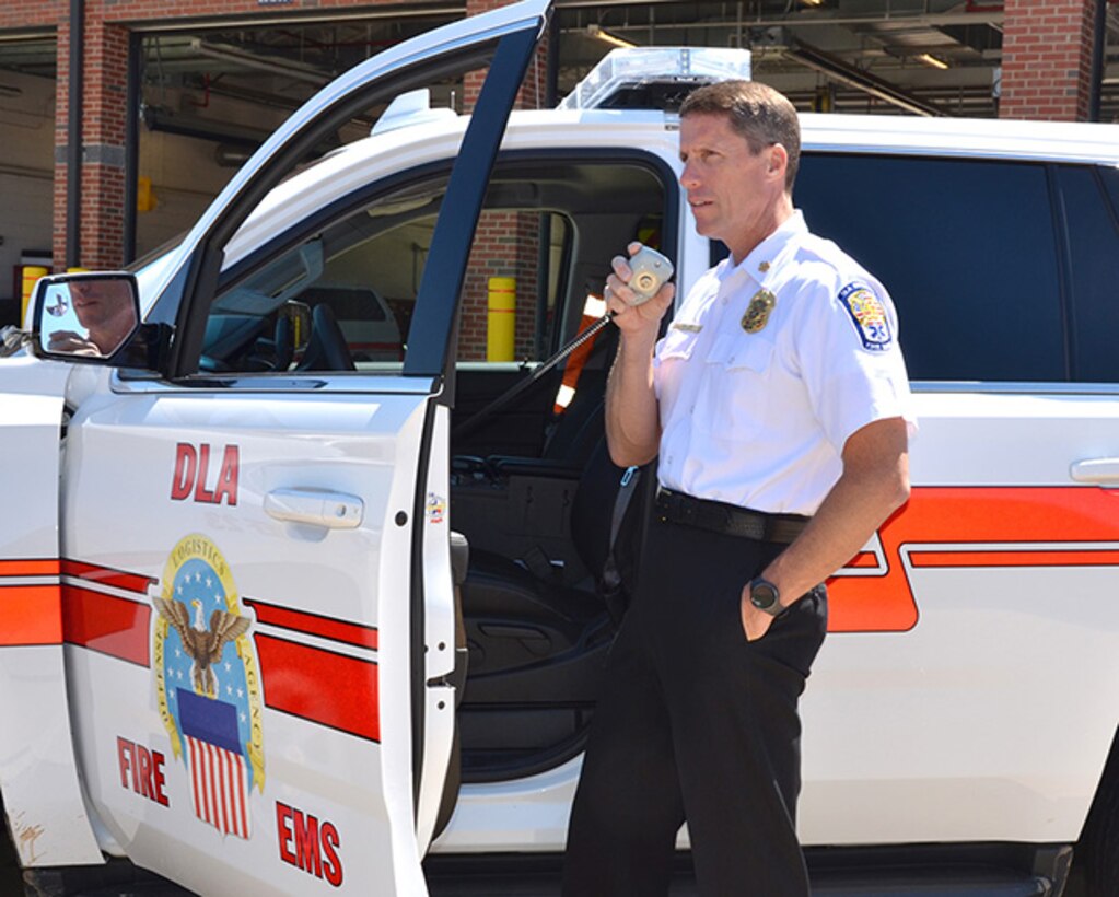 Don Rodgers, Defense Logistics Agency Installation Support at Richmond, Virginia’s fire chief, responds to a radio call June 20, 2016 on Defense Supply Center Richmond. 