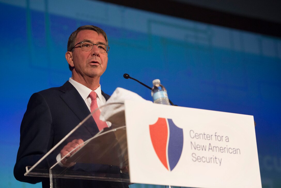Defense Secretary Ash Carter provides keynote remarks at the Center for a New American Security's annual conference in Washington, D.C., June 20, 2016. DoD photo by Air Force Senior Master Sgt. Adrian Cadiz