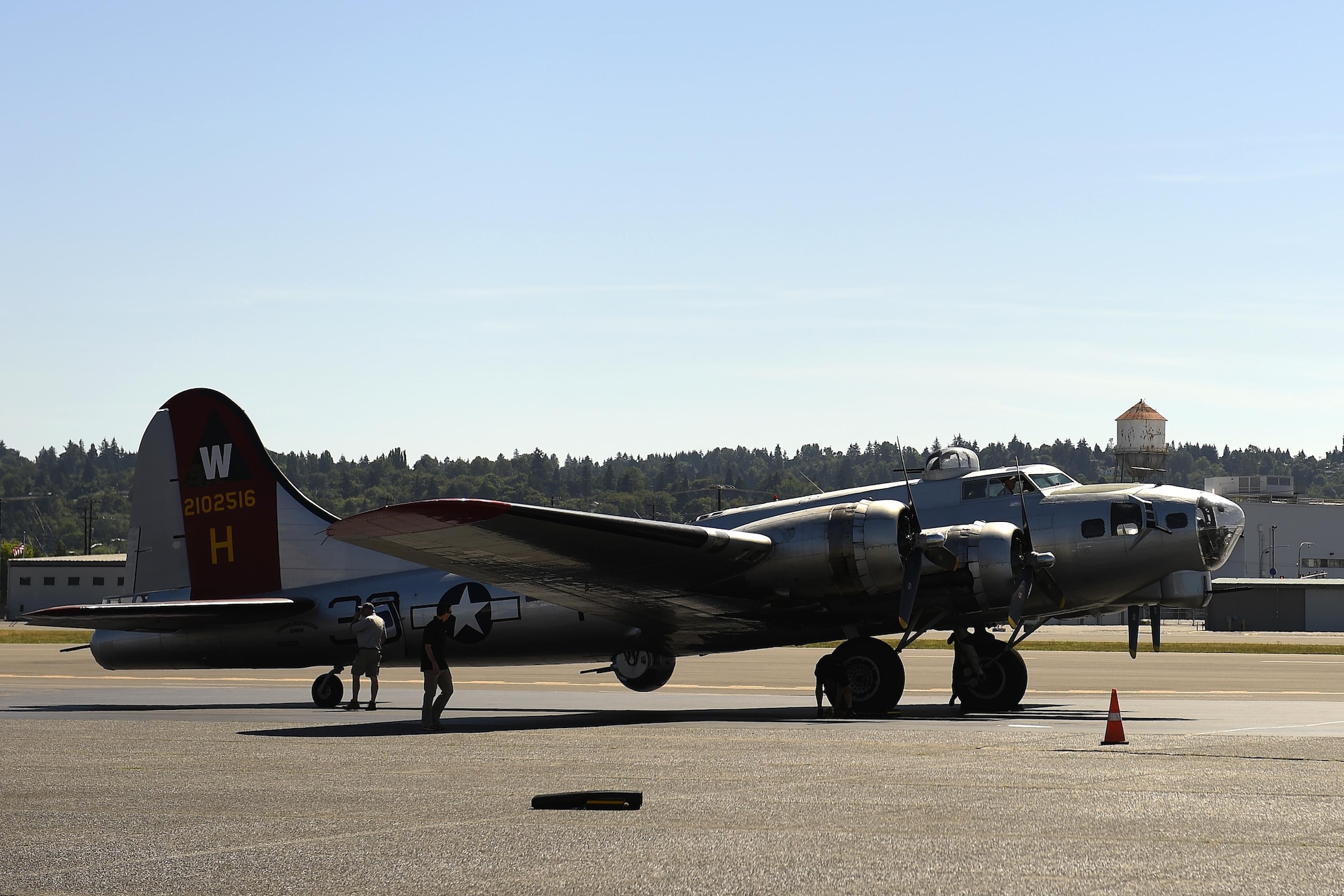 A B-17 Flying Fortress is prepared for takeoff in Seattle, Wash. June 6, 2016. The B-17, operated by the Experimental Aircraft Association is nicknamed Aluminum Overcast. (U.S Air Force photo/ Tech. Sgt. Tim Chacon)