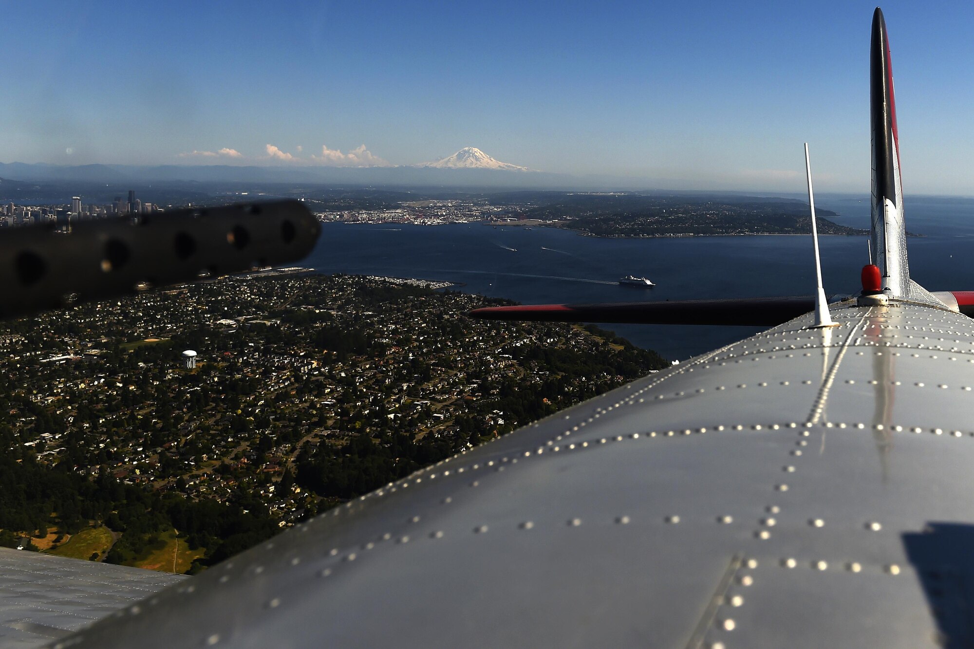 A B-17 Flying Fortress flies over Seattle, Wash., June 6, 2016. The B-17 had 13, 50-caliber M2 Browning machine guns for defense. The long range capabilities of the B-17 meant they would often go without fighter plane escorts. (U.S Air Force photo/ Tech. Sgt. Tim Chacon)