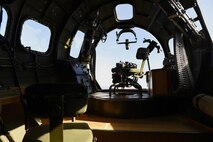 The nose turret of a B-17 Flying Fortress flying over Seattle, Wash., June 6, 2016. The B-17 had a crew of 10, 4-1200 horsepower engines, a max speed of 287 miles per hour and maximum celling of 35,600 feet. (U.S Air Force photo/ Tech. Sgt. Tim Chacon)  