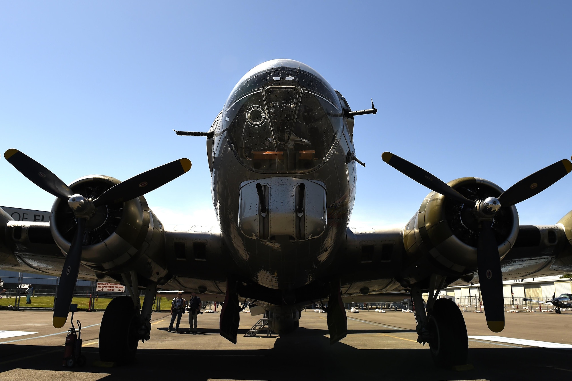 A B-17 Flying Fortress is parked on the ramp at the Museum of Flight in Seattle, Wash., June 6, 2016. This B-17 was restored by the Experimental Aircraft Association and was brought to Seattle to make it available for public flights throughout the summer. (U.S Air Force photo/ Tech. Sgt. Tim Chacon)