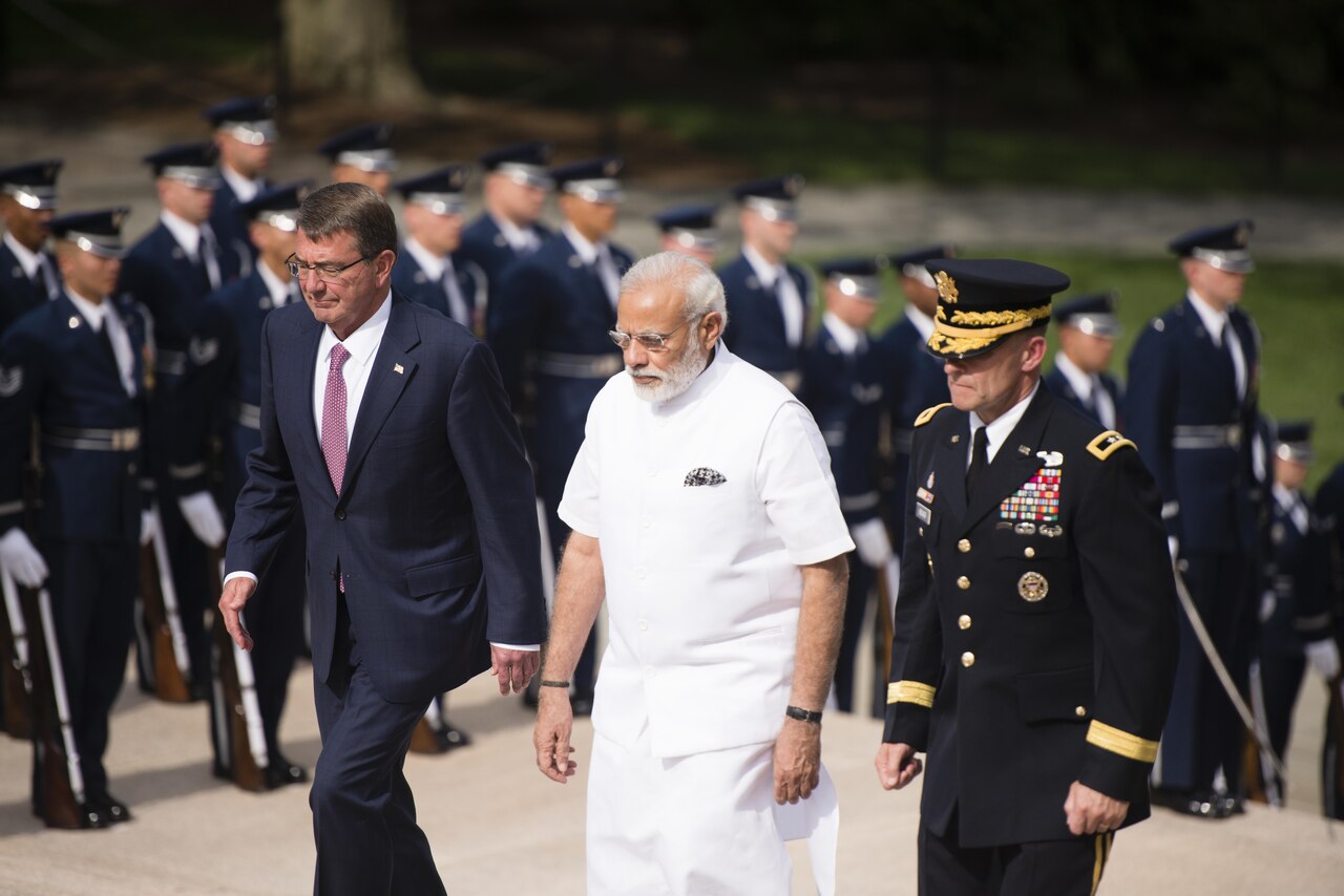 Defense Secretary Ash Carter, Indian Prime Minister Narendra Modi and Army Maj. Gen. Bradley A. Becker, commander of the Military District of Washington, approach the Tomb of the Unknown Soldier at Arlington National Cemetery in Arlington, Va., June 6, 2016. Noting growing ties with India and other nations, Carter spoke about the importance of tailoring security networks to regions and threats during a speech at the Center for a New American Security, June 20, 2016. Army photo by Rachel Larue