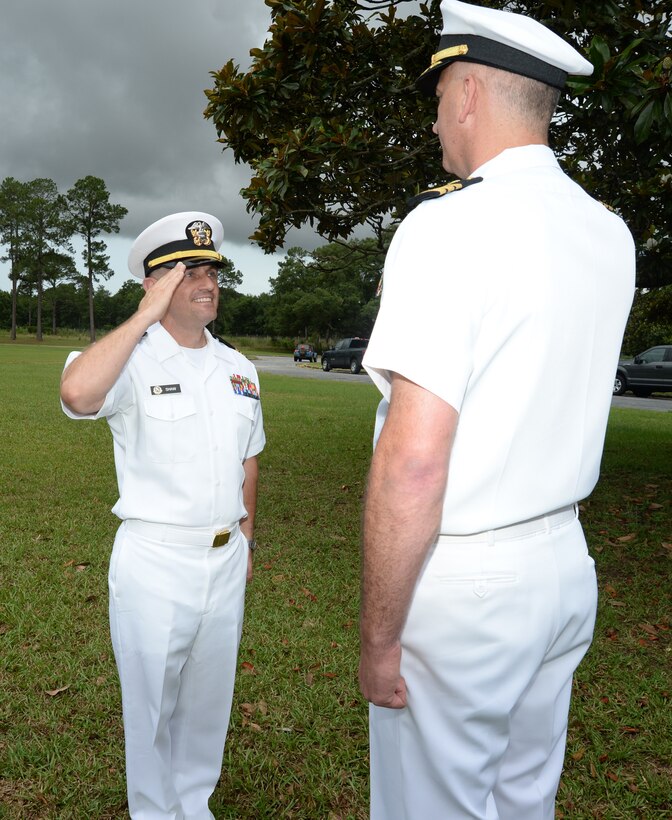 Lt. Cmdr. Kenneth Shaw III (left) assumes command of the Naval Branch Health Clinic-Albany in a change-of-charge ceremony at the Chapel of the Good Shepherd, aboard Marine Corps Logistics Base Albany, June 15. Shaw replaced the outgoing officer-in-charge, Cmdr. Raymond Bristol, who had served at NBHC-Albany since June 2013. Naval Branch Health Clinic-Albany is one of Naval Hospital Jacksonville, Florida’s six health care facilities located across Florida and Georgia.
