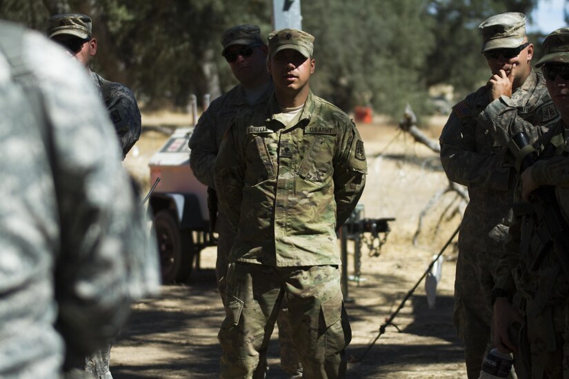 Spc. Anothony Borella, U.S. Army Reserve military police Soldier from the 812th Military Police Company, of Mahopac, New York, provides feedback during an after action review during the Combat Support Training Exercise (CSTX) on 18 June at Fort Hunter-Liggett, California. 54 units from across the U.S. Army Reserve, National Guard, Active Army, U.S. Air Force, U.S. Navy, and Canadian Army participate in the 84th Training Command's second Combat Support Training Exercise (CSTX) of the year, CSTX 91-16-02, hosted by the 91st Training Division. (Photos by Spc. Victoria Friend)
