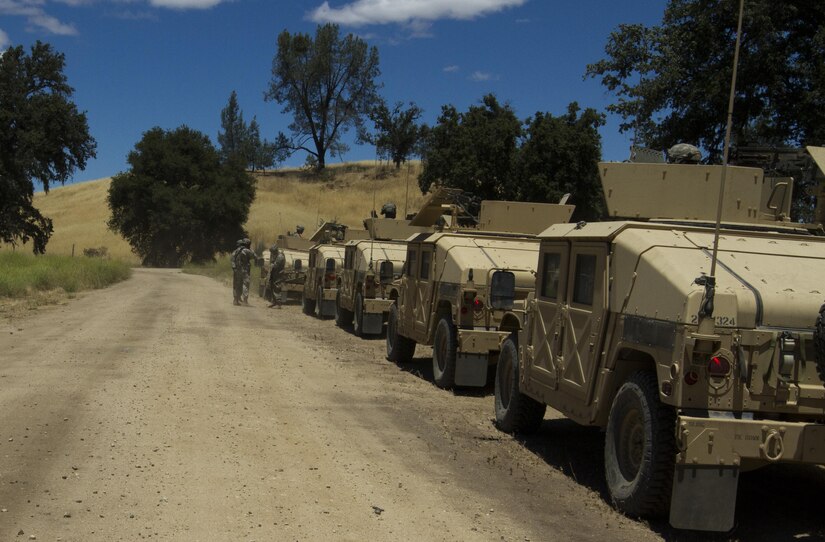 Soldiers from the 341st Military Police Company, of Mountain View, California, prepare to conduct a simulated mission during the Combat Support Training Exercise (CSTX) at Fort Hunter-Liggett, California, on 17 June. 54 units from across the U.S. Army Reserve, National Guard, Active Army, U.S. Air Force, U.S. Navy, and Canadian Army participate in the 84th CSTX of the year, CSTX 91-16-02, hosted by the 91st Training Division. (Photos by Spc. Victoria Friend)