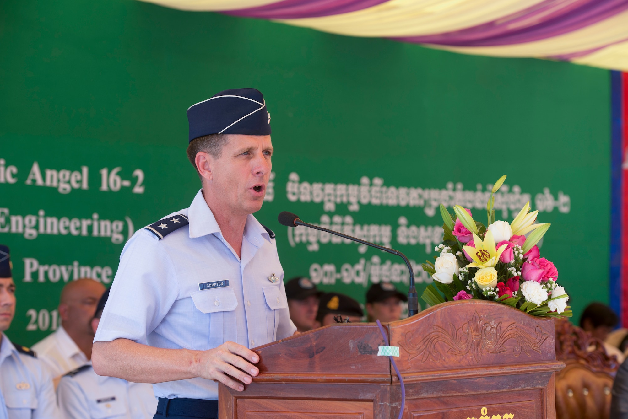 U.S. Air Force Maj. General Michael Compton, Air National Guard Assistant to the commander, Pacific Air Forces, Joint Base Pearl Harbor-Hickam, congratulates the Pacific Angel 16-2 Team on a job well done June 20, 2016, in Kampot Province, Cambodia. The relationships built and sustained in the Indo-Asia-Pacific region through engagements such as Pacific Angel help the United States’and Cambodia’s humanitarian efforts and in preserving peace and stability in the region. (U.S. Air Force photo by Senior Airman Omari Bernard/Released)