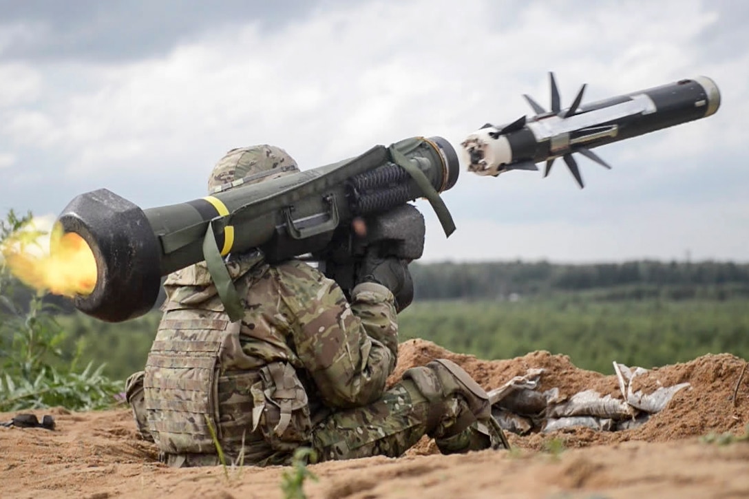 A soldier from 2nd Cavalry Regiment fires a FGM-148 Javelin during the combined arms live-fire training exercise for Saber Strike 16 at the Estonian Defense Forces central training area near Tapa, Estonia, June 19, 2016. The U.S. Army Europe-led training exercise is designed to improve joint interoperability through a range of missions to prepare the 14 participating nations to support multinational contingency operations. Minnesota National Guard photo by Army Sgt. 1st Class Ben Houtkooper