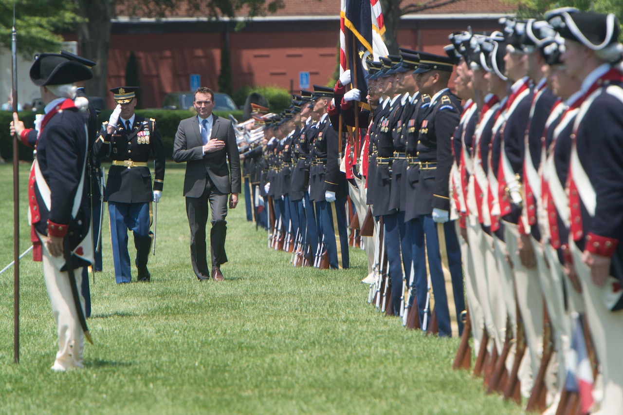 Army Secretary Eric Fanning inspects soldiers during his welcome ceremony at Joint Base Myer-Henderson Hall, Va., June 20, 2016. DoD photo by Navy Petty Officer 1st Class Tim D. Godbee