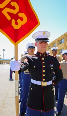 Lance Cpl. Jack F. Fisher, Platoon 1023, Bravo Company, 1st Recruit Training Battalion, stands at parade rest prior to graduation at Marine Corps Recruit Depot San Diego, June 17. Fisher is a Phoenix native and was recruited out of RS Phoenix. Annually, more than 17,000 males recruited from the Western Recruiting Region are trained at MCRD San Diego.
