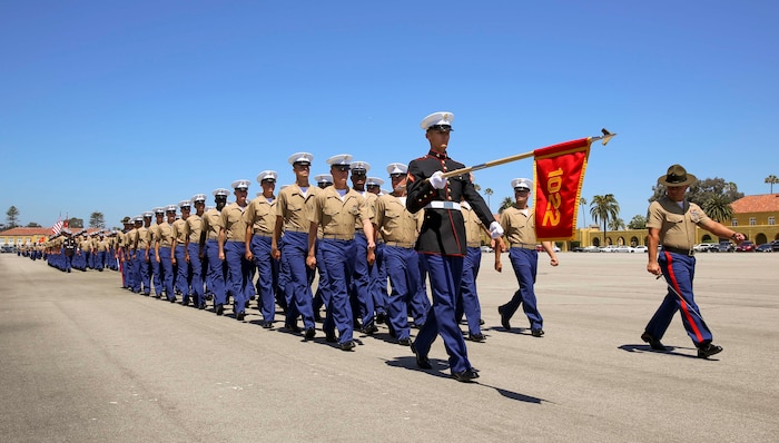 Marines from Bravo Company, 1st Recruit Training Battalion, march across the parade deck during a graduation ceremony at Marine Corps Recruit Depot San Diego, June 17. Following graduation, Marines are given 10 days of leave before taking the next step in training at the School of Infantry at Marine Corps Base Camp Pendleton, Calif. Annually, more than 17,000 males recruited from the Western Recruiting Region are trained at MCRD San Diego.