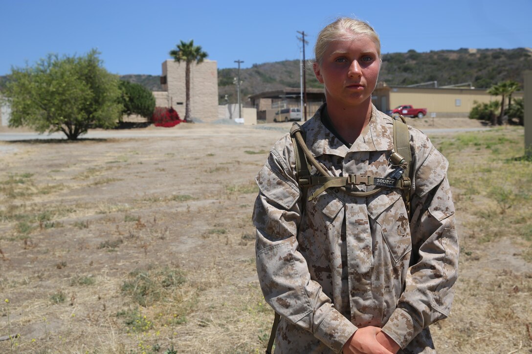 MARINE CORPS BASE CAMP PENDLETON, Calif. -  Midshipman Michelle Mathews is a 19-year-old Midshipmen striving to be a Marine Corps officer, is one of the many people whose passion for being in the armed services has put her in the path to becoming a future leader. Mathews lives in Houston and attends Villanova University as a political science major. Her ultimate goal is to lead Marines and become a combat engineer officer. (U.S. Marine Corps Photo by Cpl. Demetrius Morgan/RELEASED)