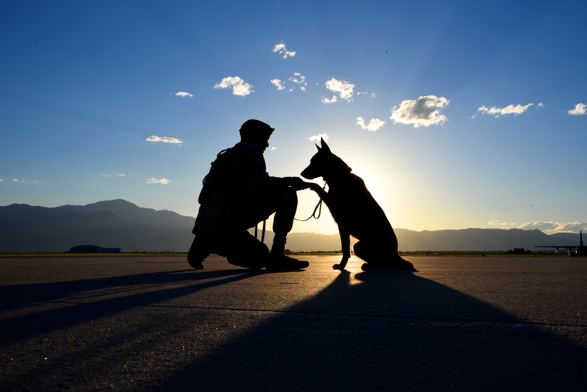 Senior Airman Tariq Russell, 21st Security Forces Squadron military working dog handler, shakes hands with his partner, Ppaul, at Peterson Air Force Base, Colo., June 14, 2016. Military working dog handlers are assigned one dog for their entire duration at Peterson AFB. (U.S. Air Force photo by Airman 1st Class Dennis Hoffman)