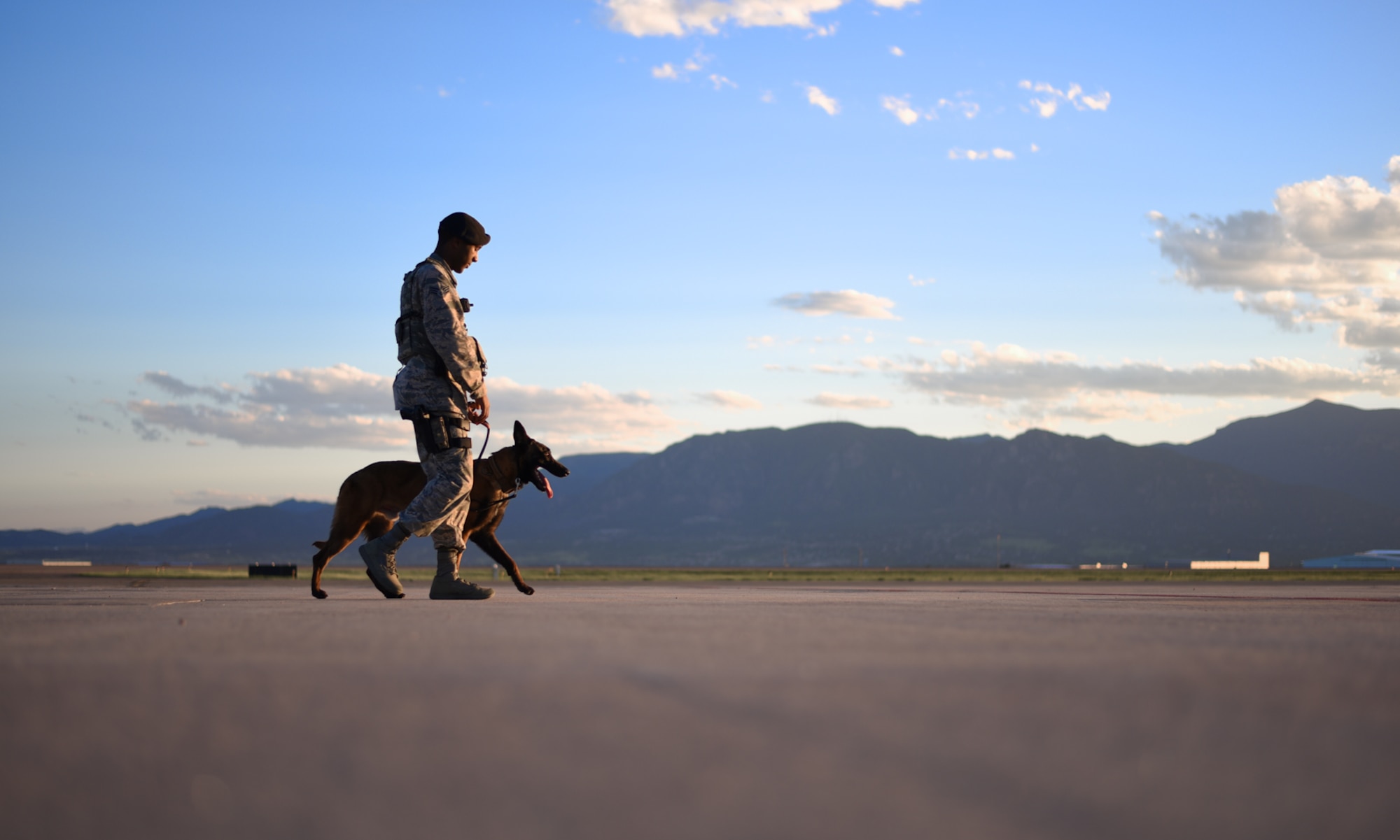 Senior Airman Tariq Russell, 21st Security Forces Squadron military working dog handler, and his partner, Ppaul, walk the flight line at Peterson Air Force Base, Colo., June 14, 2016. Along with detection, Ppaul can be used for suspect apprehension and search and rescue missions. (U.S. Air Force photo by Airman 1st Class Dennis Hoffman)
