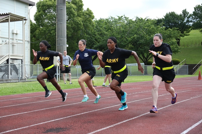 Soldiers compete in the 100-meter dash June 17 for Camp Zama’s Army Birthday Week celebration, hosted by USARJ.  (U.S. Army photo by Lance D. Davis)