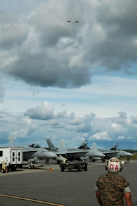 U.S. Marine Corps F/A-18C Hornet aircraft with Marine Fighter Attack Squadron (VMFA) 314, stationed at Marine Corps Air Station Miramar, California, stage for a mission at Eielson Air Force Base, Alaska, during its participation in Red Flag-Alaska 16-2, June 7, 2016. Red Flag-Alaska 16-2 provides squadrons the opportunity to train with joint and international units, increasing their combat skills by participating in simulated combat situations in a realistic threat environment. (U.S. Marine Corps photo by Lance Cpl. Donato Maffin/Released)