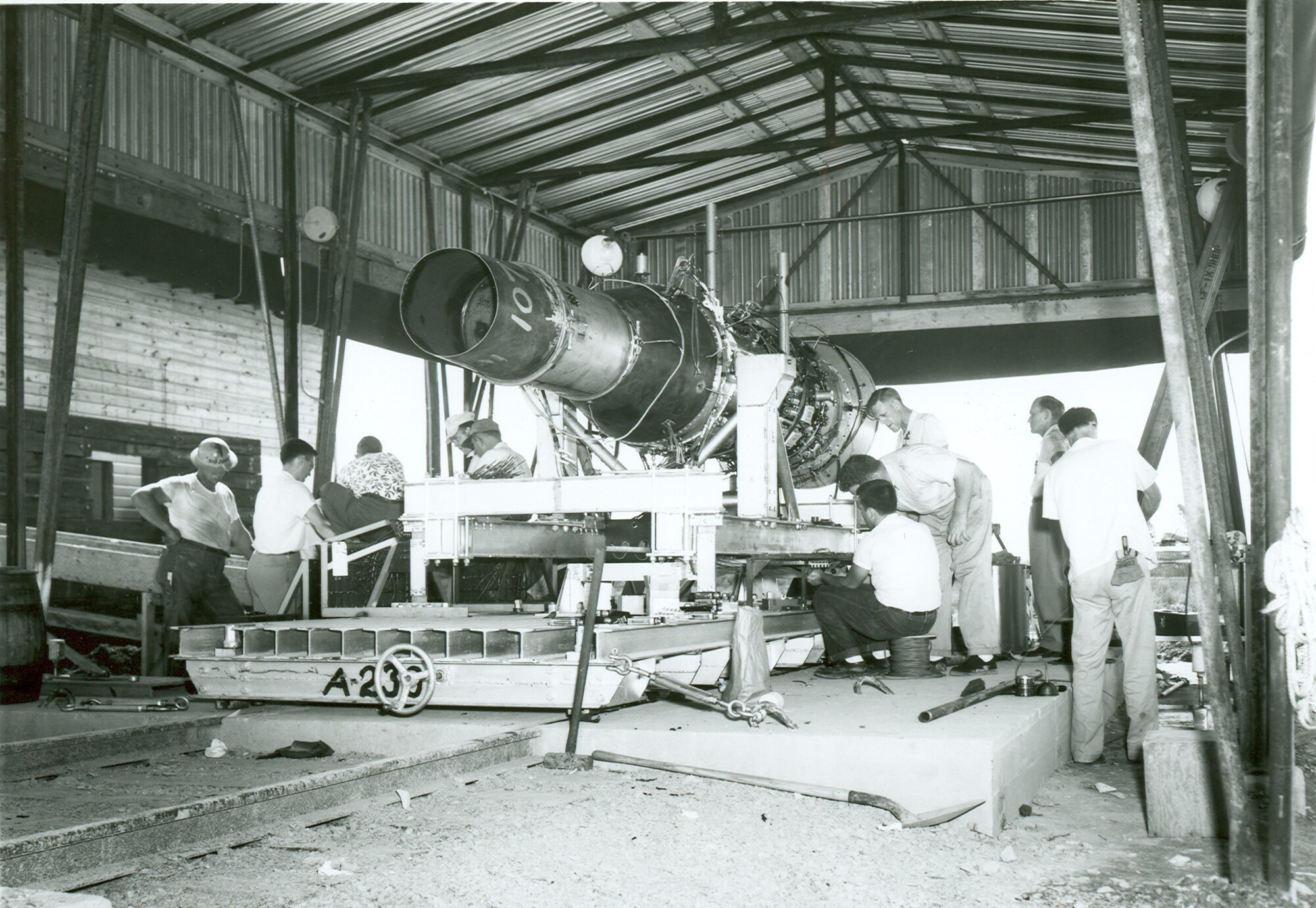 The first jet engine test pictured here at the AEDC Engine Test Facility took place in 1953. The test required design and construction of a thrust stand for the J47 turbojet engine used in calibrating the Complex T-1 high-altitude test cell. (AEDC file photo)