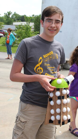 Three rocket competitions were held during Rocketday!, an event hosted by the Tennessee Section of the American Institute of Aeronautics and Astronautics. Trace Baxter, pictured, received first place in the “Two-Cool” rocket competition for students in seventh through twelfth grade with his rocket designed to look like a Dalek from the TV series Dr. Who. The “Two-Cool” competition was judged on design, appearance and flight. (Courtesy photo/Tanya Sheeley)