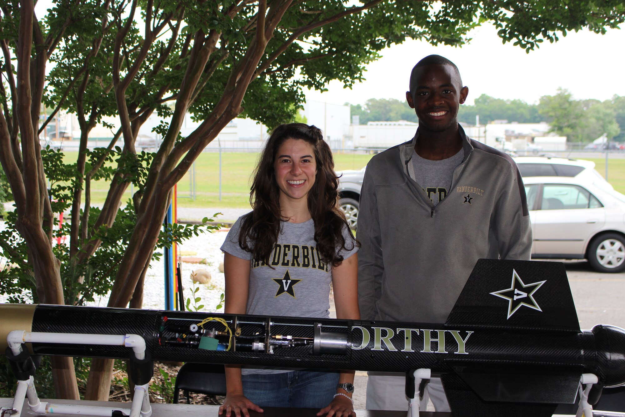 The rocket team from Vanderbilt Aerospace Design Lab brought one of their rockets and gave a presentation on rocket design and competitions during the Rocketday! event held at the Hands on Science Center in Tullahoma on May 14. The event was hosted by the Tennessee Section of the American Institute of Aeronautics and Astronautics. (Courtesy photo/Tanya Sheeley)