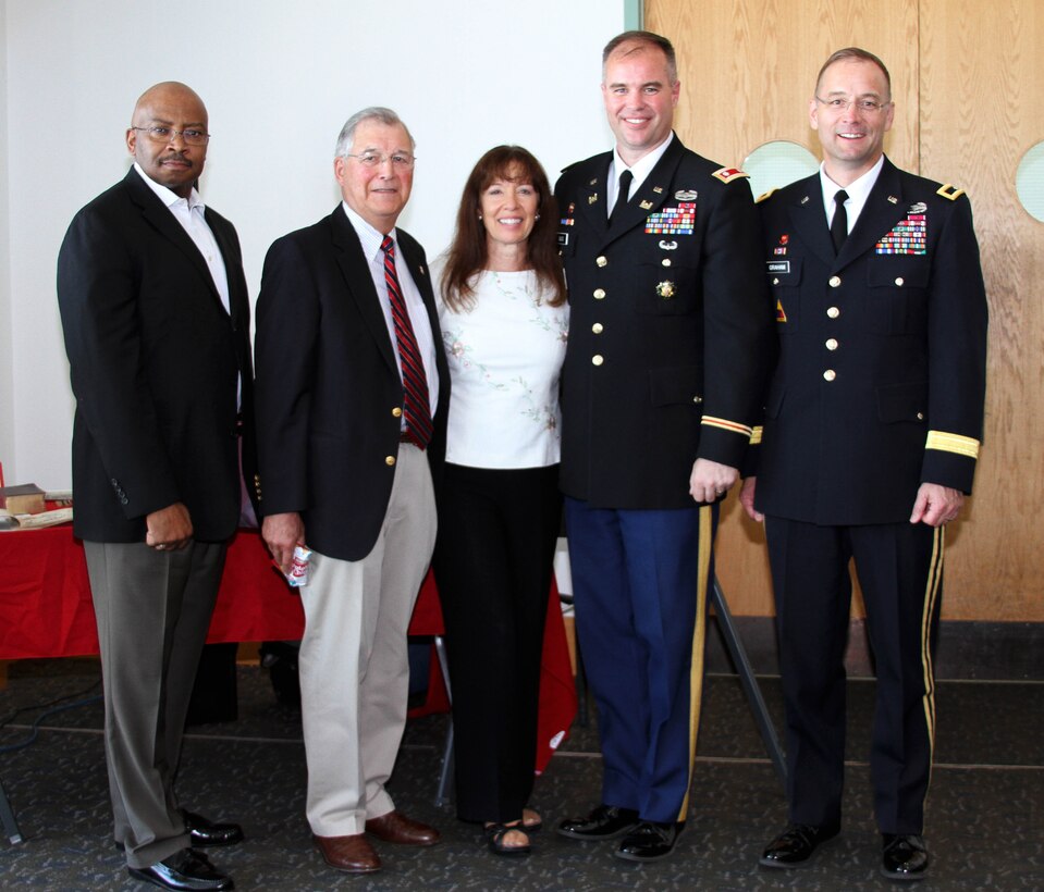 Former Philadelphia District Commanders (left to right) retired LTC Timothy Brown, retired COL Ralph V. Locurcio, and retired COL Deb Lewis attended the District's 150th Anniversary celebration and met with current commander LTC Michael Bliss and North Atlantic Division Commander BG William H. Graham (far right) on June 15, 2016 at the Independence Seaport Museum in Philadelphia.