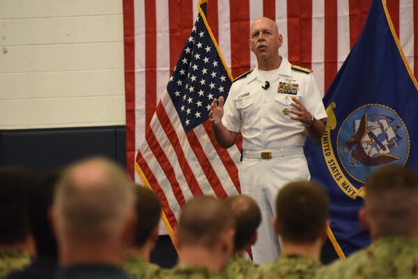 160617-N-WT427-145 JINHAE, Republic of Korea (June 17, 2016) Adm. Scott H. Swift, the commander of U.S. Pacific Fleet, speaks to Sailors during an all-hands call at Commander, Fleet Activities Chinhae. Swift is in Korea to reaffirm the U.S. and ROK alliance and show his support for Sailors serving throughout the peninsula. (U.S. Navy photo by Mass Communication Specialist 3rd Class Jermaine M. Ralliford/Released)