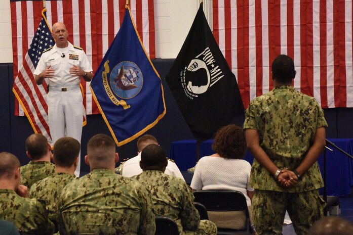 160617-N-WT427-193 JINHAE, Republic of Korea (June 17, 2016) Adm. Scott H. Swift, the commander of U.S. Pacific Fleet, speaks to Sailors during an all-hands call at Commander, U.S. Fleet Activities Chinhae. Swift is in Korea to reaffirm the U.S. and ROK alliance and show his support for Sailors serving throughout the peninsula. (U.S. Navy photo by Mass Communication Specialist 3rd Class Jermaine M. Ralliford/Released)