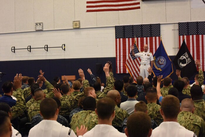 160617-N-WT427-212 JINHAE, Republic of Korea (June 17, 2016) Vice Adm. Scott H. Swift, the commander of U.S. Pacific Fleet, speaks to Sailors at an all-hands call at the U.S. Fleet Activities Chinhae base gym. Swift is in Korea to reaffirm the U.S. and ROK alliance and show his support for Sailors serving throughout the peninsula. (U.S. Navy photo by Mass Communication Specialist 3rd Class Jermaine M. Ralliford/Released)