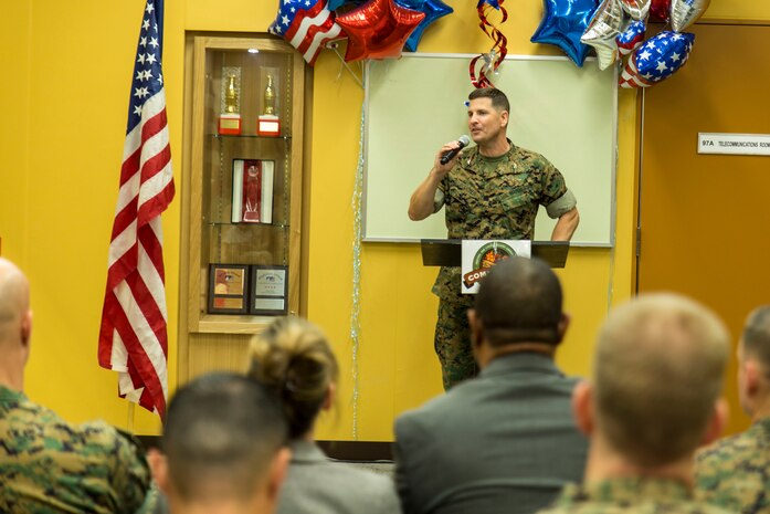 U.S. Marine Corps Col. Robert V. Boucher, station commanding officer, gives his opening remarks during the grand opening ceremony for the new commissary on Marine Corps Air Station Iwakuni, Japan, June 21, 2016. In 1989, the former commissary opened with just 33,400 total square feet, a sales floor of 13,400 square feet, only four serviced and two self-checkout stands, and a stock of 9,000 items. Designed to anticipate and meet the needs of shoppers, the new grocery store is approximately 50 percent larger, with 52,710 total square feet and is located between the Kintai Inn and Kawashimo housing area.  (U.S. Marine Corps photo by Lance Cpl. Aaron Henson/Released)