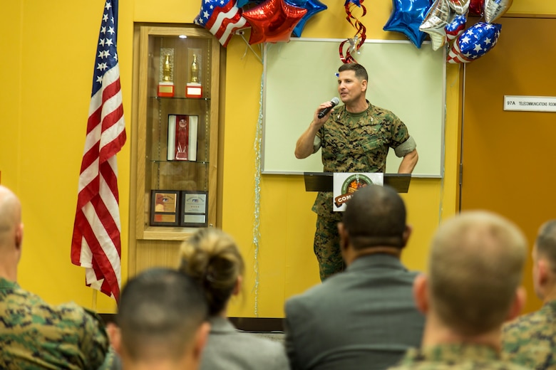 U.S. Marine Corps Col. Robert V. Boucher, station commanding officer, gives his opening remarks during the grand opening ceremony for the new commissary on Marine Corps Air Station Iwakuni, Japan, June 21, 2016. In 1989, the former commissary opened with just 33,400 total square feet, a sales floor of 13,400 square feet, only four serviced and two self-checkout stands, and a stock of 9,000 items. Designed to anticipate and meet the needs of shoppers, the new grocery store is approximately 50 percent larger, with 52,710 total square feet and is located between the Kintai Inn and Kawashimo housing area.  (U.S. Marine Corps photo by Lance Cpl. Aaron Henson/Released)