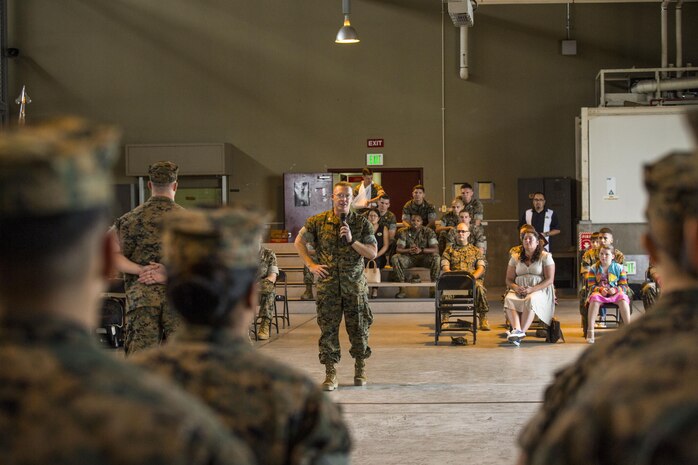 U.S. Marine Corps Capt. William Sanford, Combat Logistics Company 36’s new commanding officer, addresses Marines during a change of command ceremony at Marine Corps Air Station Iwakuni, Japan, June 20, 2016. Capt. Roderick Singleton Jr. relinquished his authority of CLC-36’s commanding officer to Sanford. Sanford will be assuming his first position of commanding officer after serving as the Marine Corps Installations Pacific installation motor transport officer for two years before becoming the plans and operations officer. (U.S. Marine Corps photo by Lance Cpl. Aaron Henson/Released)