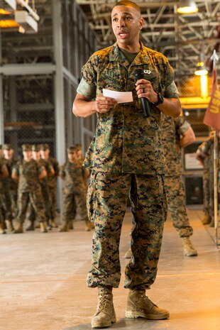 U.S. Marine Corps Capt. Roderick Singleton Jr., outbound Combat Logistics Company 36 commanding officer, addresses the audience during a change of command ceremony at Marine Corps Air Station Iwakuni, Japan, June 20, 2016. Singleton relinquished his authority to Capt. William Sanford, incoming CLC-36 commanding officer. In July 2013, Singleton assumed the position of CLC-36 commanding officer and is departing to further his career at Expeditionary Warfare School in Quantico, Virginia. (U.S. Marine Corps photo by Lance Cpl. Aaron Henson/Released)