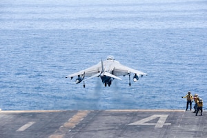 ARABIAN GULF (June 16, 2016) An AV-8B Harrier II assigned to the 13th Marine Expeditionary Unit (MEU) launches from the amphibious assault ship USS Boxer (LHD 4) to conduct missions in support of Operation Inherent Resolve. Boxer is the flagship for the Boxer Amphibious Ready Group and, with the embarked 13th MEU, is deployed in support of maritime security operations and theater cooperation efforts in the U.S. 5th Fleet area of operations. 