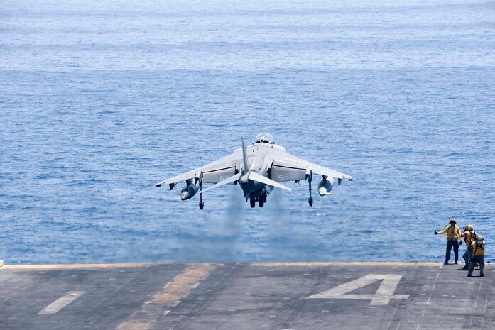 ARABIAN GULF (June 16, 2016) An AV-8B Harrier II assigned to the 13th Marine Expeditionary Unit (MEU) launches from the amphibious assault ship USS Boxer (LHD 4) to conduct missions in support of Operation Inherent Resolve. Boxer is the flagship for the Boxer Amphibious Ready Group and, with the embarked 13th MEU, is deployed in support of maritime security operations and theater cooperation efforts in the U.S. 5th Fleet area of operations. 