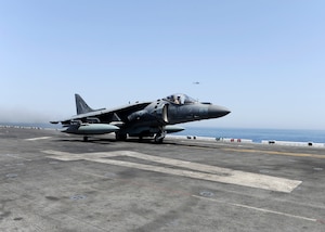 160616-N-VD165-057 ARABIAN GULF (June 16, 2016) An AV-8B Harrier II assigned to 13th Marine Expeditionary Unit (13th MEU) launches from the amphibious assault ship USS Boxer (LHD 4) to conduct missions in support of Operation Inherent Resolve. Boxer is the flagship for the Boxer Amphibious Ready Group and, with the embarked 13th Marine Expeditionary Unit, is deployed in support of maritime security operations and theater security cooperation efforts in the U.S. 5th Fleet area of operations. 