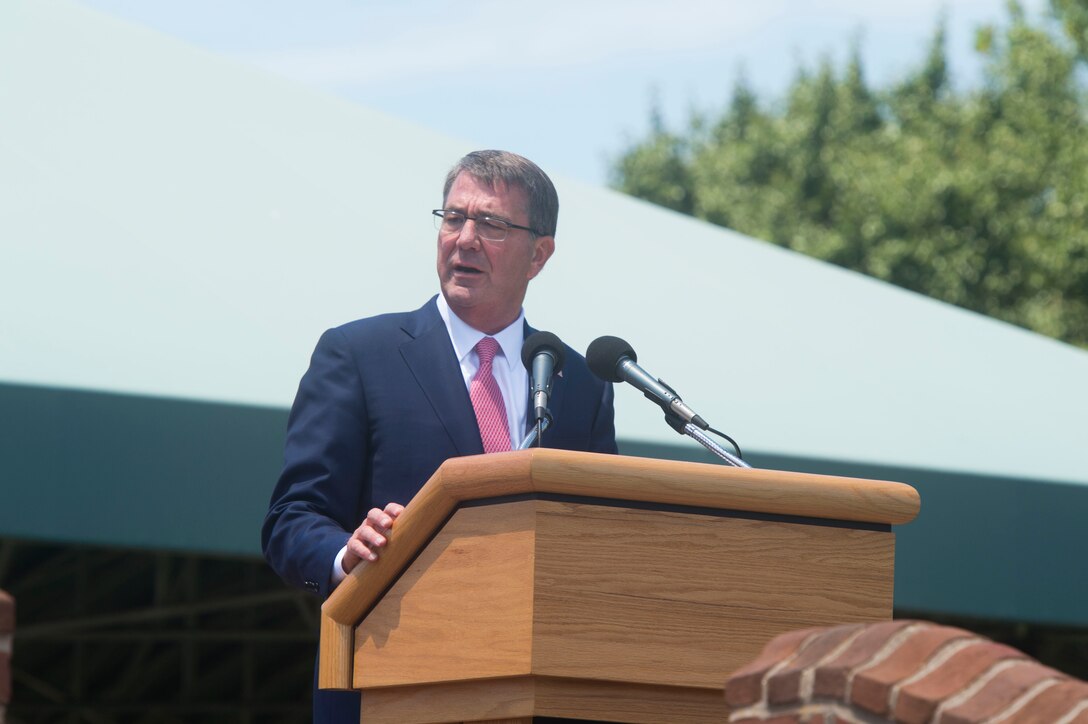 Defense Secretary Ash Carter speaks during Army Secretary Eric Fanning's welcome ceremony at Joint Base Myer-Henderson Hall, Va., June 20, 2016. DoD photo by Navy Petty Officer 1st Class Tim D. Godbee