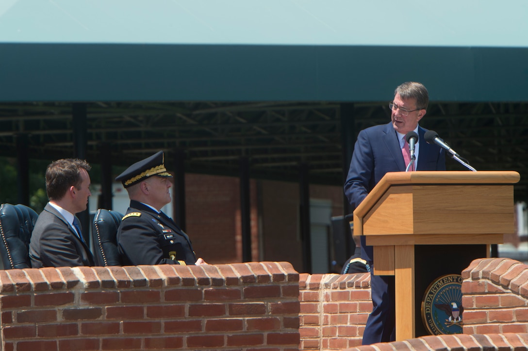 Defense Secretary Ash Carter speaks during  Army Secretary Eric Fanning's welcome ceremony at Joint Base Myer-Henderson Hall, Va., June 20, 2016. DoD photo by Navy Petty Officer 1st Class Tim D. Godbee
