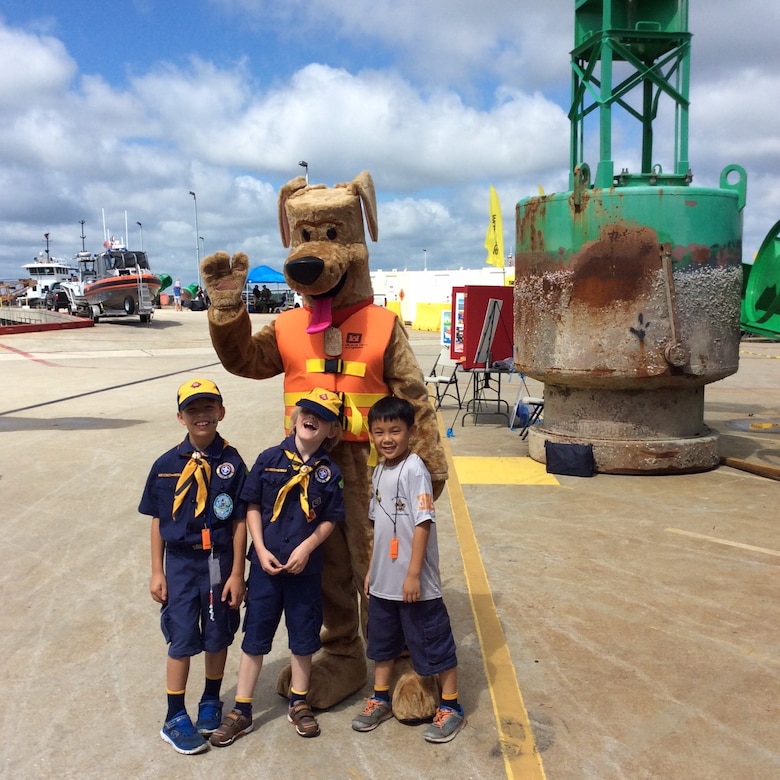 Bobber the Water Safety Dog appeared at Coast Guard Sector Charleston's National Safe Boating Week kickoff event, where he spread the word to children about wearing their life jackets.