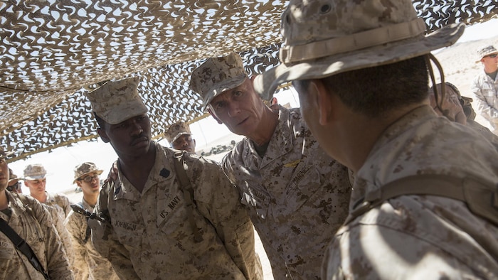 Lt. Gen. Rex C. McMillian, commander of Marine Forces Reserve, speaks to the Reserve Marines and sailors attending Integrated Training Exercise 4-16 at Marine Corps Air Ground Combat Center Twentynine Palms, California, June 19, 2016. Over the two-week period the Marines trained in combined-arms exercises to hone their skills as a Marine Air Ground Task Force, in order to prepare for worldwide deployment and augment the active component.