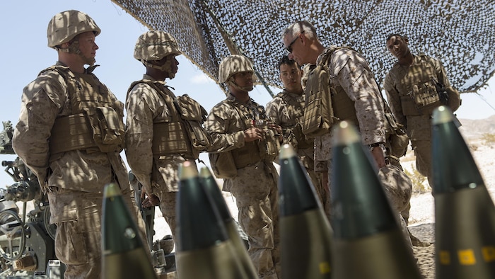 Lt. Gen. Rex C. McMillian, commander of Marine Forces Reserve, visits Marines from 3rd battalion, 14th Marine Regiment, 4th Marine Division, Marine Forces Reserve, while they complete their final exercise at Integrated Training Exercise 4-16 at Marine Corps Air Ground Combat Center Twentynine Palms, California, June 19, 2016. During the final exercise the Marines combined all of the elements of Marine Air Ground Task Force, to hone their skills and to ensure they are ready to deploy worldwide.