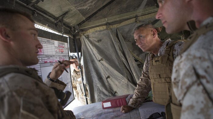 Lt. Gen. Rex C. McMillian, commander of Marine Forces Reserve, speaks to the Reserve Marines attending Integrated Training Exercise 4-16 at Marine Corps Air Ground Combat Center Twentynine Palms, California, June 19, 2016. Over the two-week period the Marines trained in combined-arms exercises to hone their skills as a Marine Air Ground Task Force, in order to prepare for worldwide deployment and augment the active component.
