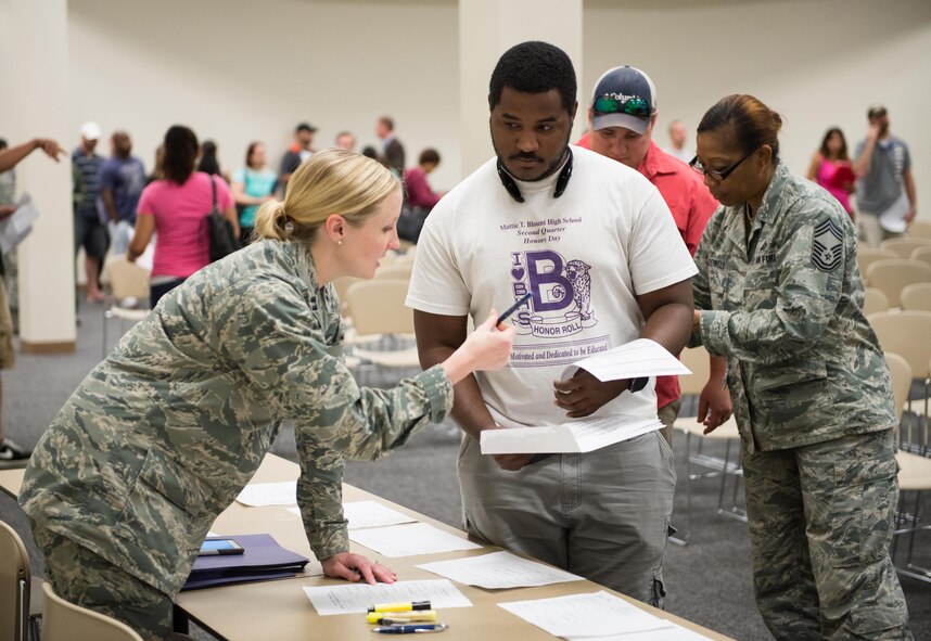 Capt. April Martin, 403rd Force Support Squadron military personnel section flight commander, assists a member of the inactive ready reserve with their paperwork. The U.S. Air Force Reserve’s 403rd Wing hosted an Inactive Ready Reserve Muster at Keesler Air Force Base, Mississippi, June 11, 2016 to ensure inactive reservists’ readiness. (U.S. Air Force photo)