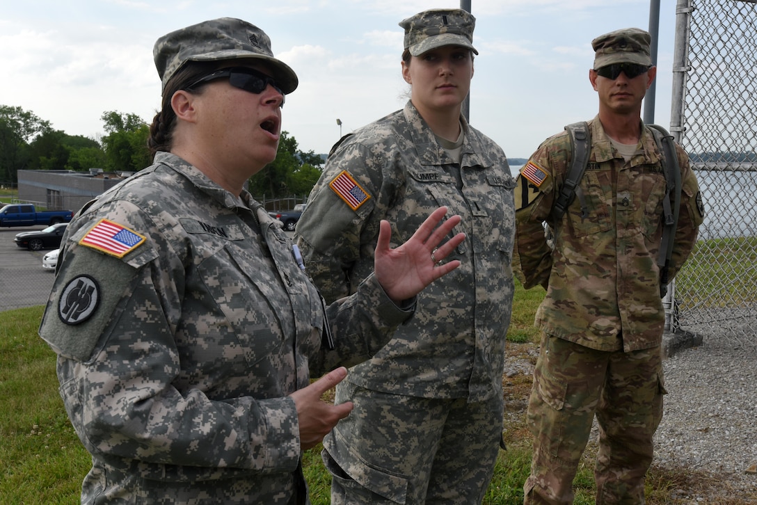 Soldiers with the with the Tennessee National Guard’s 269th Military Police Company, 117th Military Police Battalion, 194th Engineer Brigade, participate in a briefing as a security assistance exercise kicks off to protect the Old Hickory Dam Powerhouse and Switchyard in Hendersonville, Tenn., June 20, 2016.