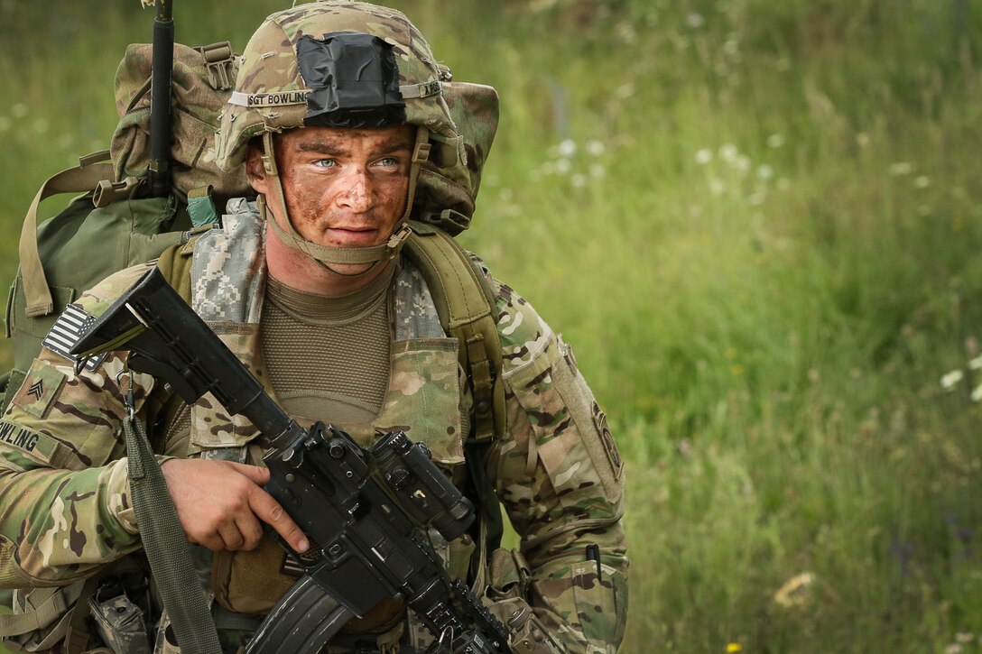 Army Sgt. Bowling provides security after participating in an airborne operation during Swift Response 16 in Hohenfels, Germany, June 15, 2016. Bowling is assigned to the 82nd Airborne Division’s 1st Battalion, 504th Parachute infantry Regiment, 1st Brigade Combat Team. Army photo by Sgt. Juan F. Jimenez
