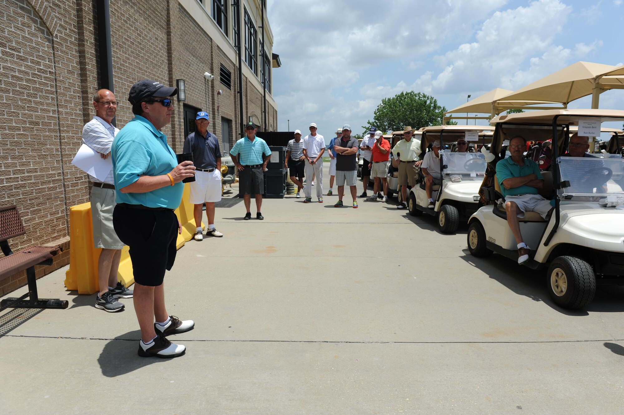 Pat Wylie, son of Don Wylie, delivers remarks during the Don Wylie Memorial Golf Tournament at the Bay Breeze Golf Course June 17, 2016, Keesler Air Force Base, Miss. The annual tournament raised funds to help the Military & Veterans Affairs committee honor military members.  Don Wylie was a long time member of the local community as both active duty and Chamber of Commerce. (U.S. Air Force photo by Kemberly Groue)