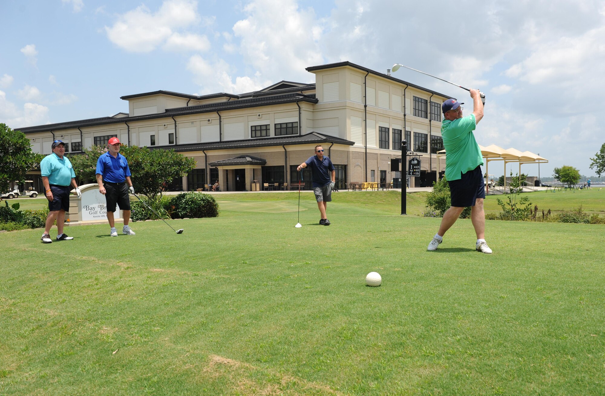 Chris McIntyre, 81st Force Support Squadron deputy commander, tees off during the Don Wylie Memorial Golf Tournament at the Bay Breeze Golf Course June 17, 2016, Keesler Air Force Base, Miss. The annual tournament raised funds to help the Military & Veterans Affairs committee honor military members. (U.S. Air Force photo by Kemberly Groue)