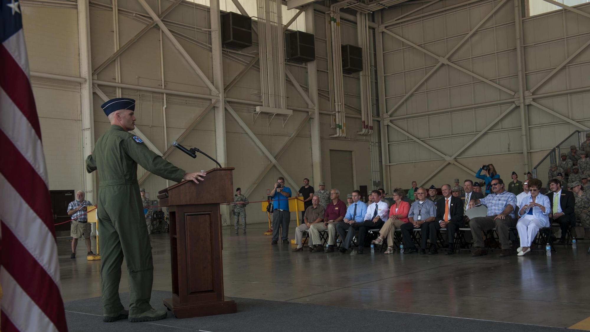 U.S. Air Force Gen. Carlton D. Everhart II, Air Mobility Command commander, speaks to Airmen from the 19th Airlift Wing during an aircraft delivery ceremony at Little Rock Air Force Base, Ark., June 20, 2016. Everhart delivered the last C-130J to the 19th Airlift Wing. (U.S. Air Force photo/Senior Airman Harry Brexel)