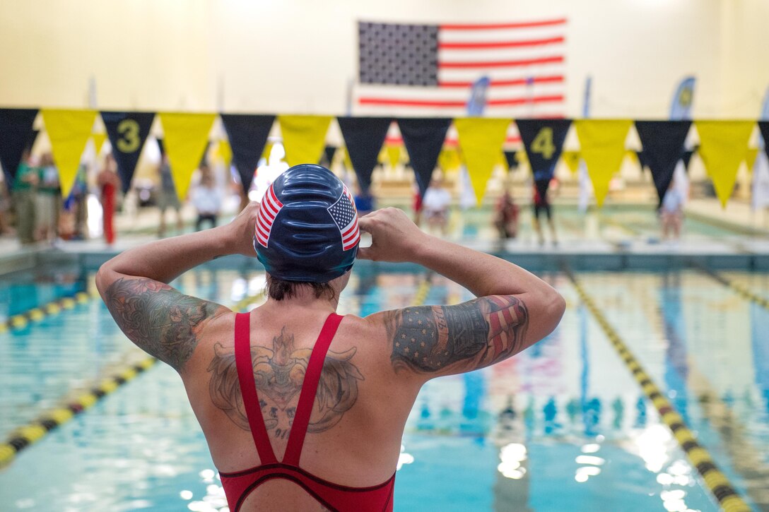 Marine Corps veteran Sarah Rudder prepares for a swimming event during the 2016 Department of Defense Warrior Games at the U.S. Military Academy in West Point, N.Y., June 20, 2016. DoD photo by EJ Hersom