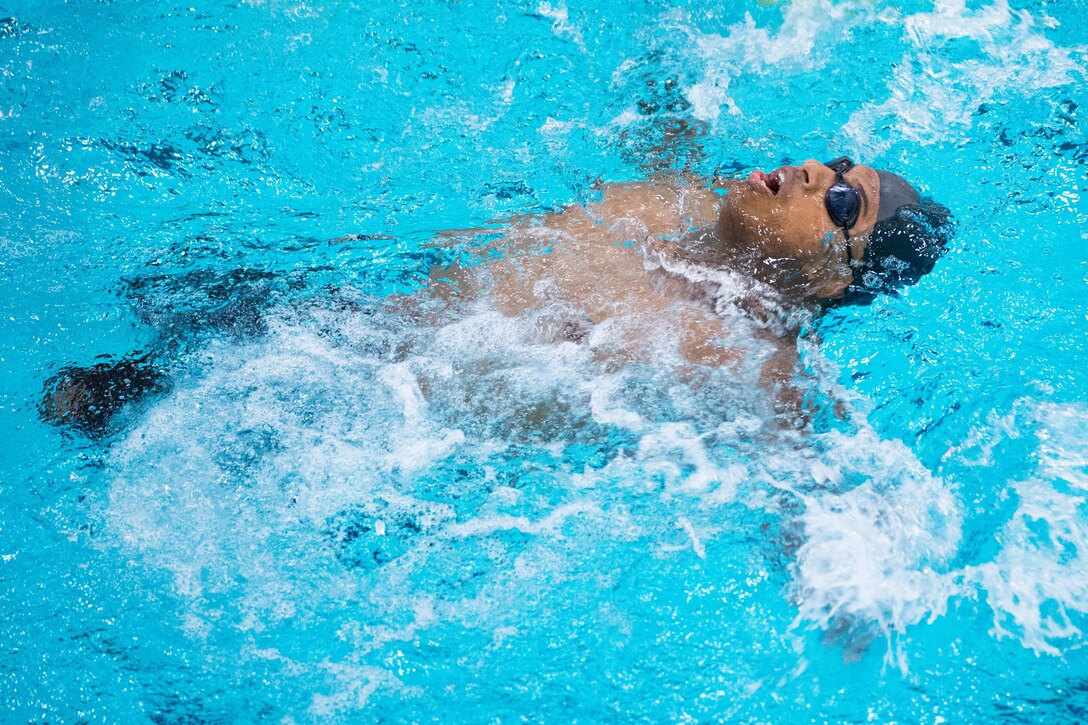 Army veteran Ryan Major competes in a backstroke event during the 2016 Department of Defense Warrior Games at the U.S. Military Academy in West Point, N.Y., June 20, 2016. DoD photo by EJ Hersom