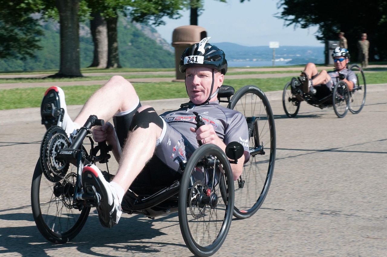 Army Staff Sgt. Mark Shrewsbury of the U.S. Special Operations Command team competes in the recumbent cycling event at the 2016 Department of Defense Warrior Games at the U.S. Military Academy in West Point, N.Y., June 18, 2016. Army photo by Spc. Tynisha Daniel