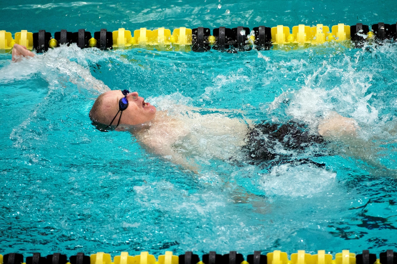 Army Staff Sgt. Mark Shrewsbury of the Special Operations Command team competes in the backstroke during the 2016 Department of Defense Warrior Games at the U.S. Military Academy in West Point, N.Y. June 20, 2016. DoD photo by EJ Hersom